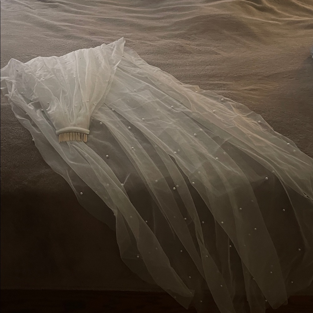 Elegant Sheer White Veil with Pearls